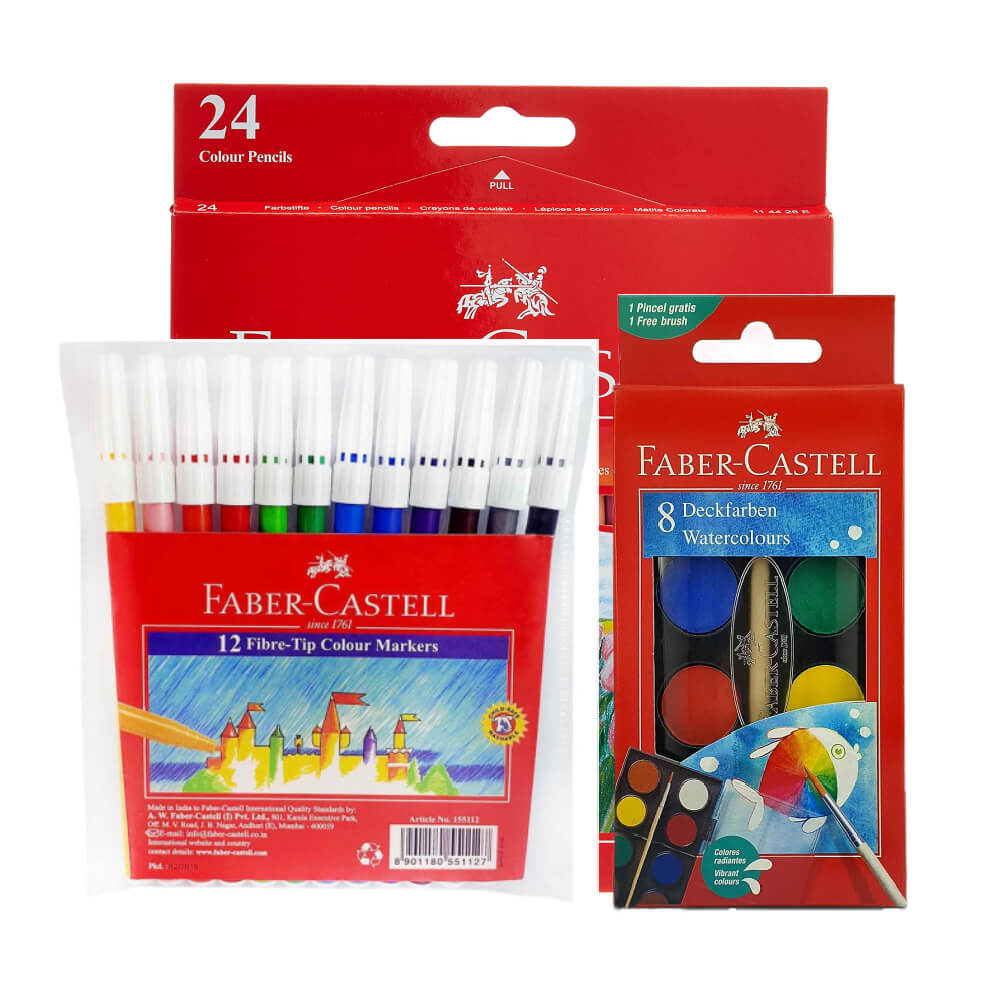Faber-Castell Color Pencils 24S +Fiber Tip Color Markers 12S +Water Color 24Mm 8S
