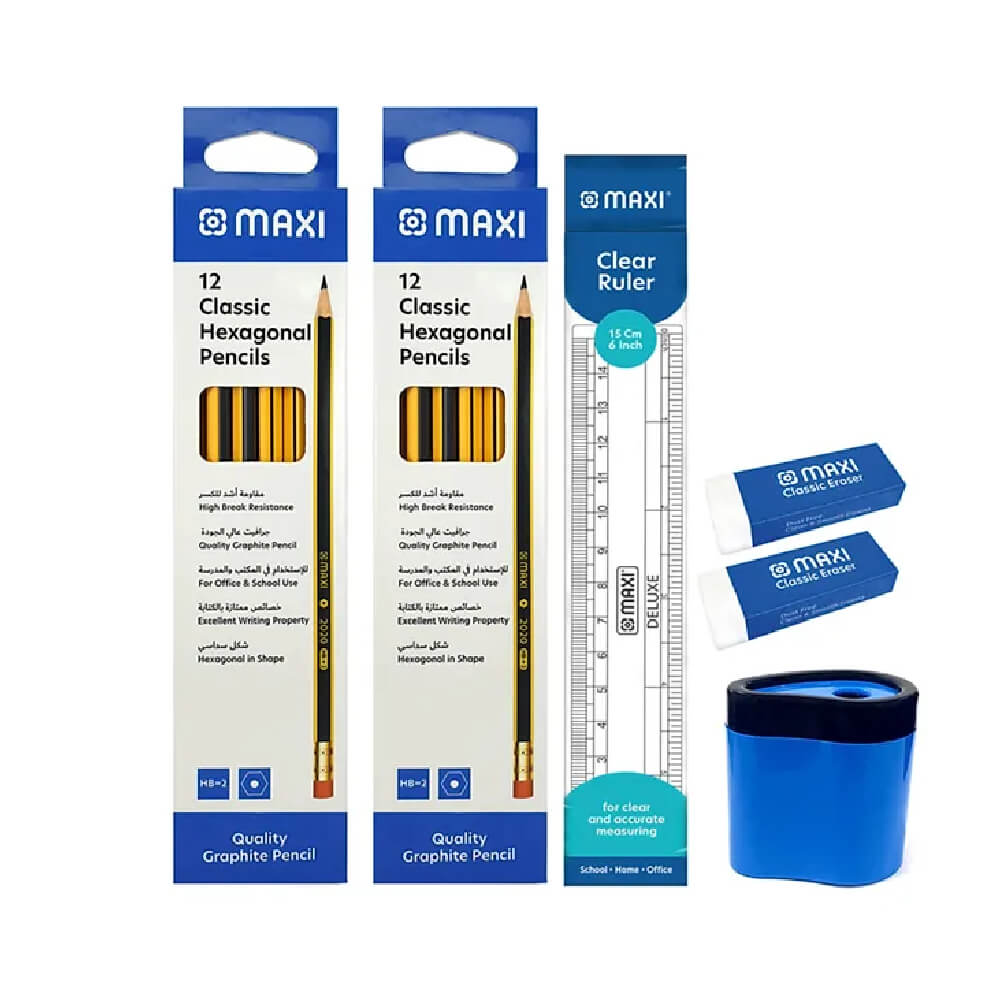 Maxi Black Lead Pencil 2PKT + Clear Ruler + Sharpener + 2Erasers