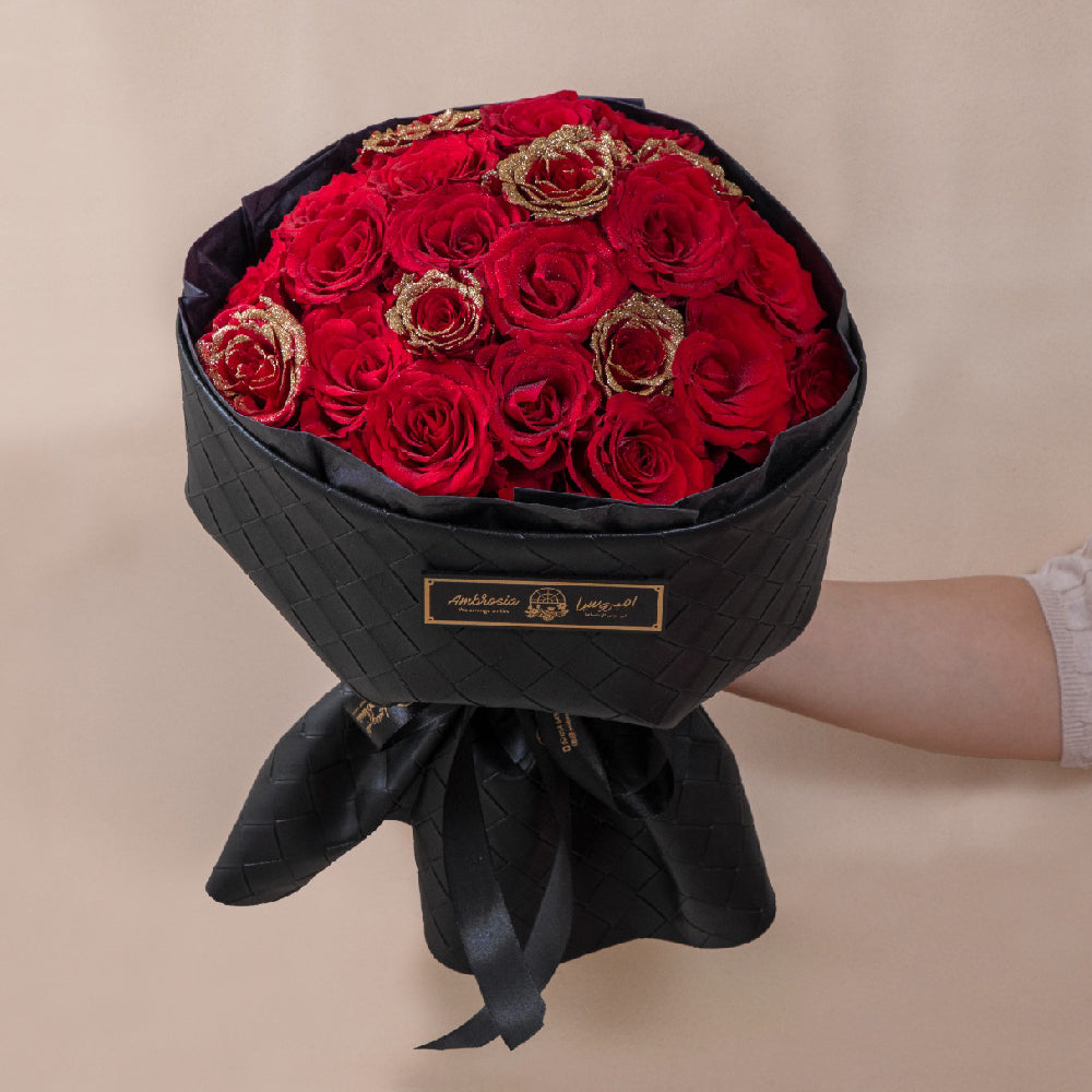 Golden Dusted Red Roses Bouquet