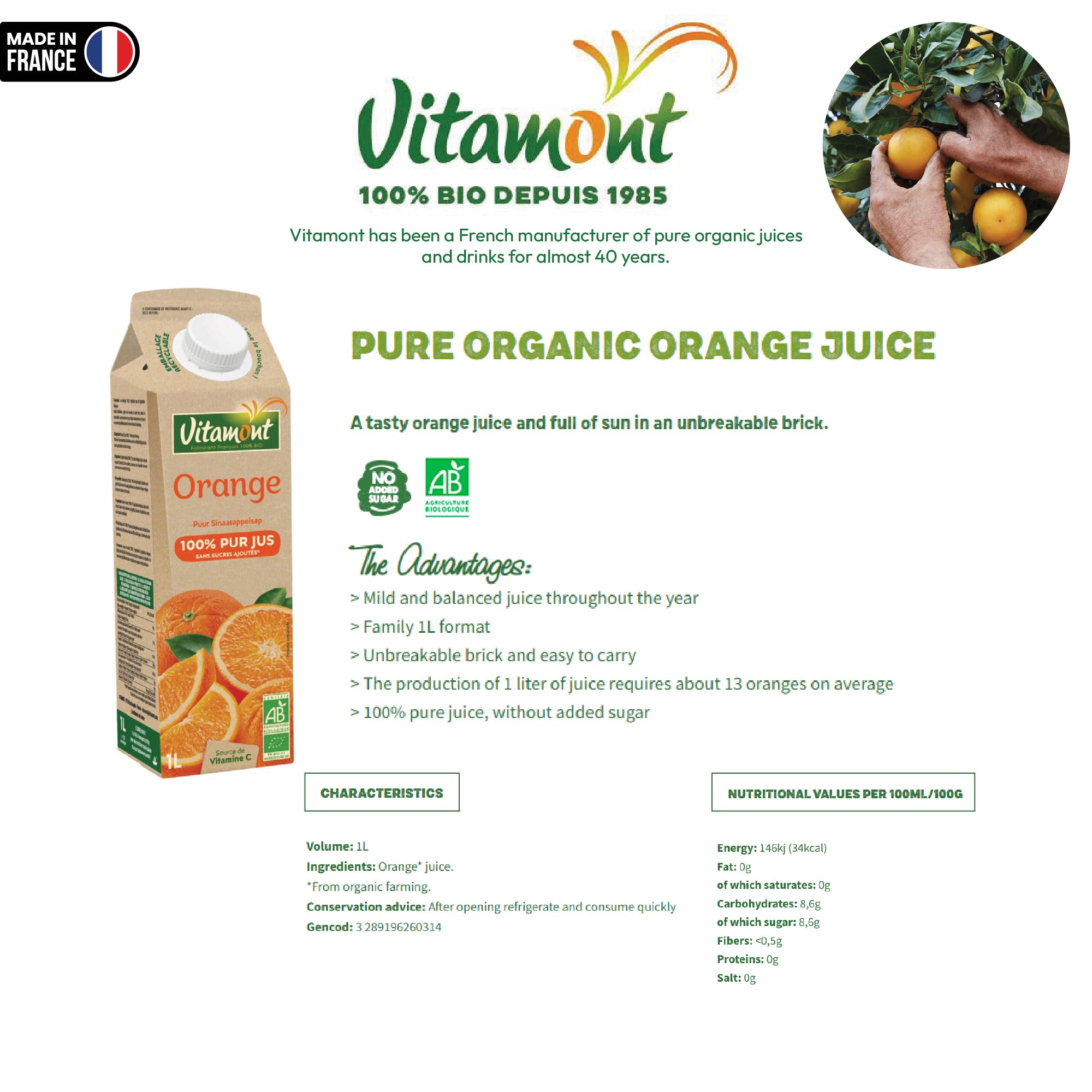 Vitamont Organic Pure Orange Juice 1L
