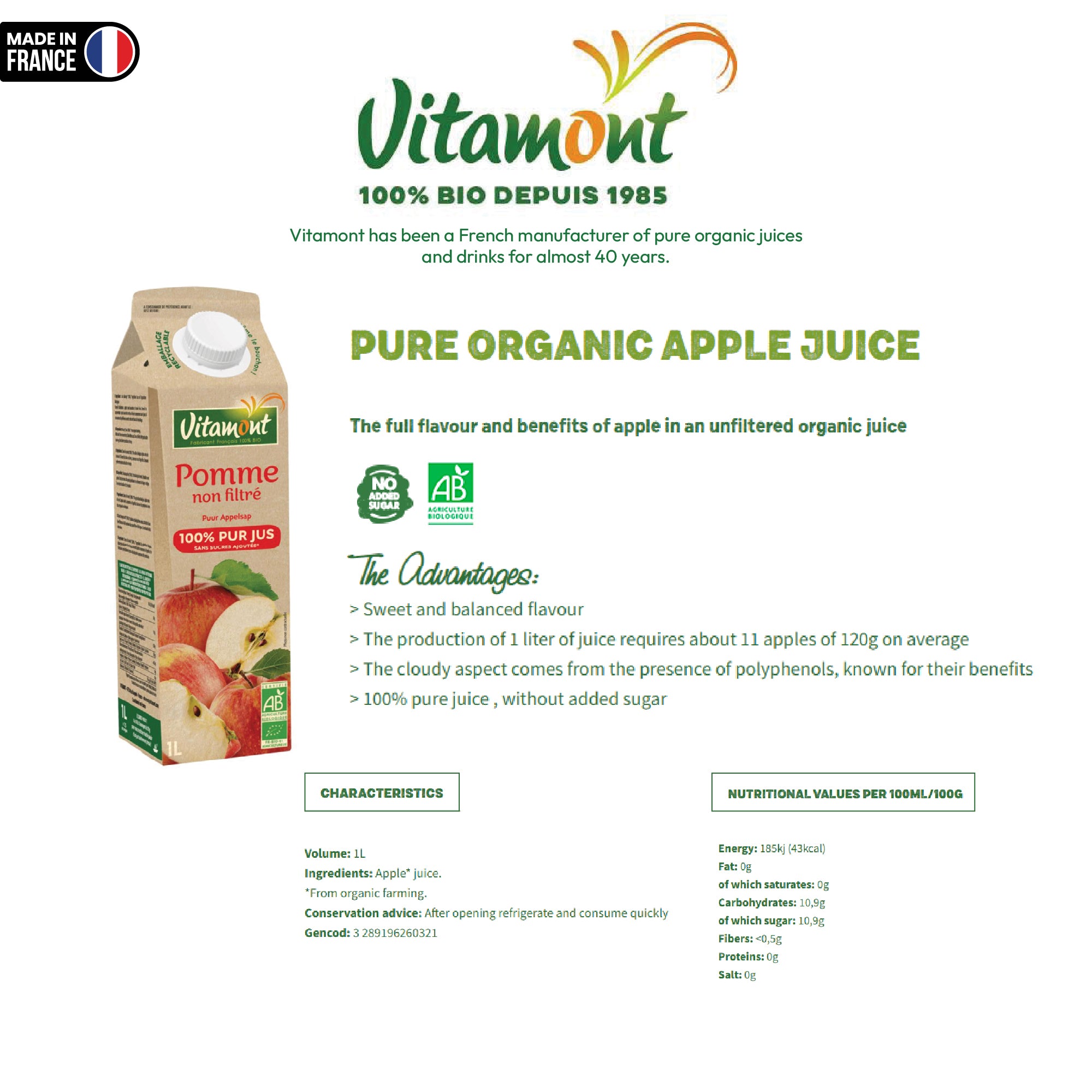 Vitamont Organic Pure Apple Juice 1L