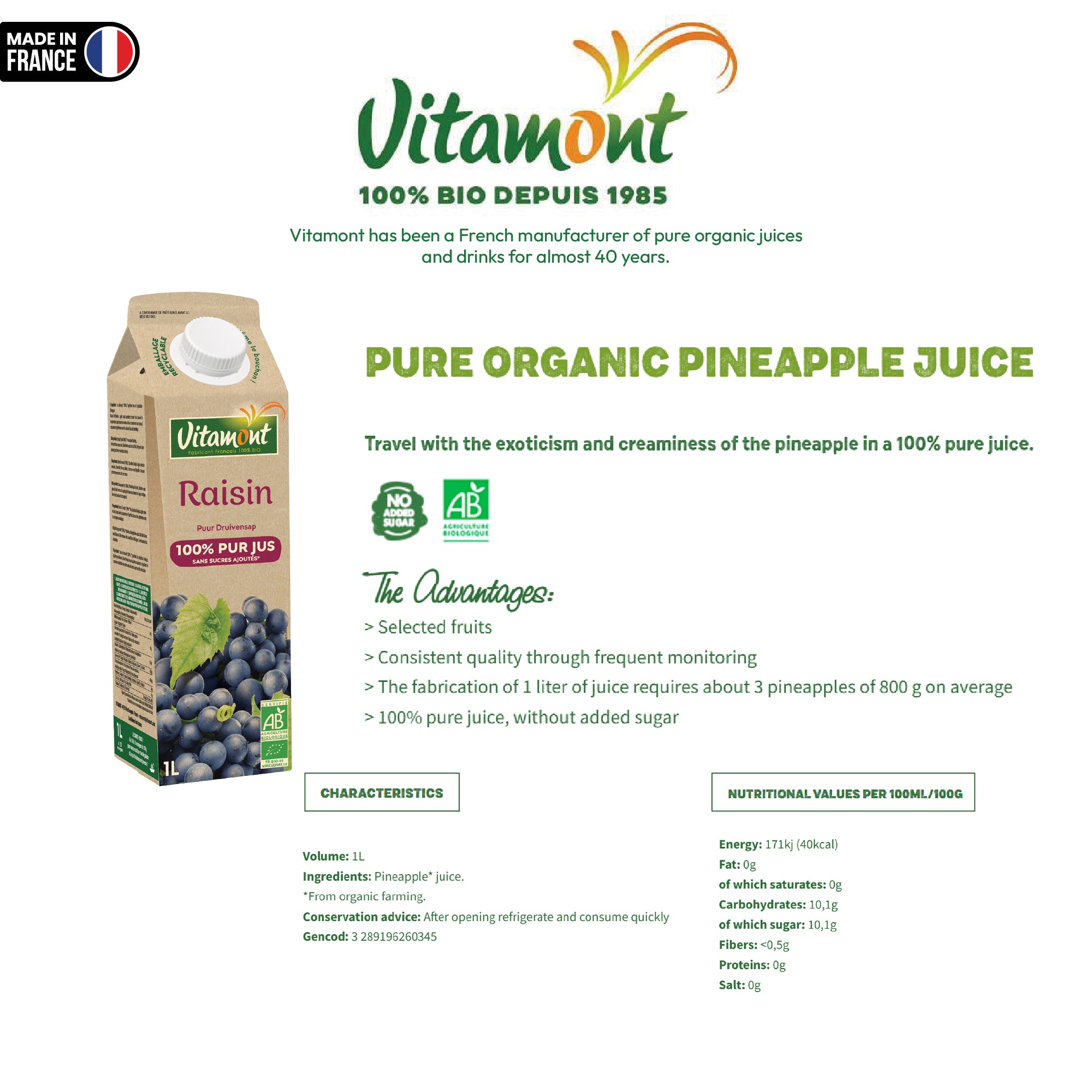 Vitamont Organic Pure Grape Juice 1L
