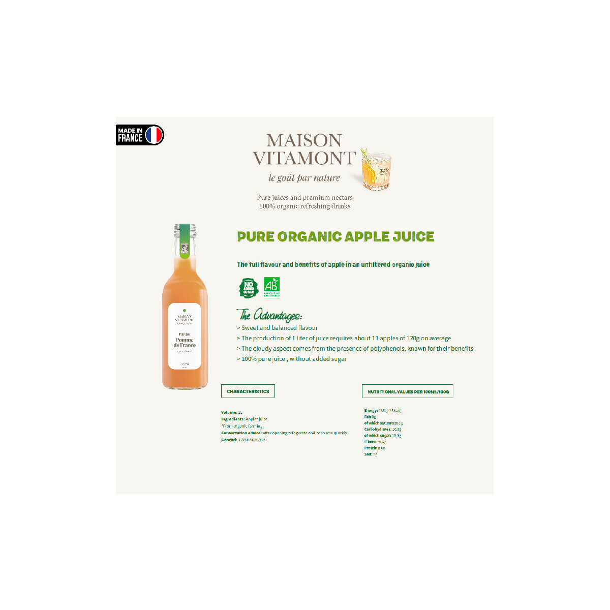 Maison Vitamont Organic Apple Juice 250ml 100% Pure France