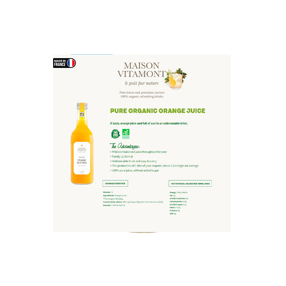 Maison Vitamont Orange Pure Juice 250ml