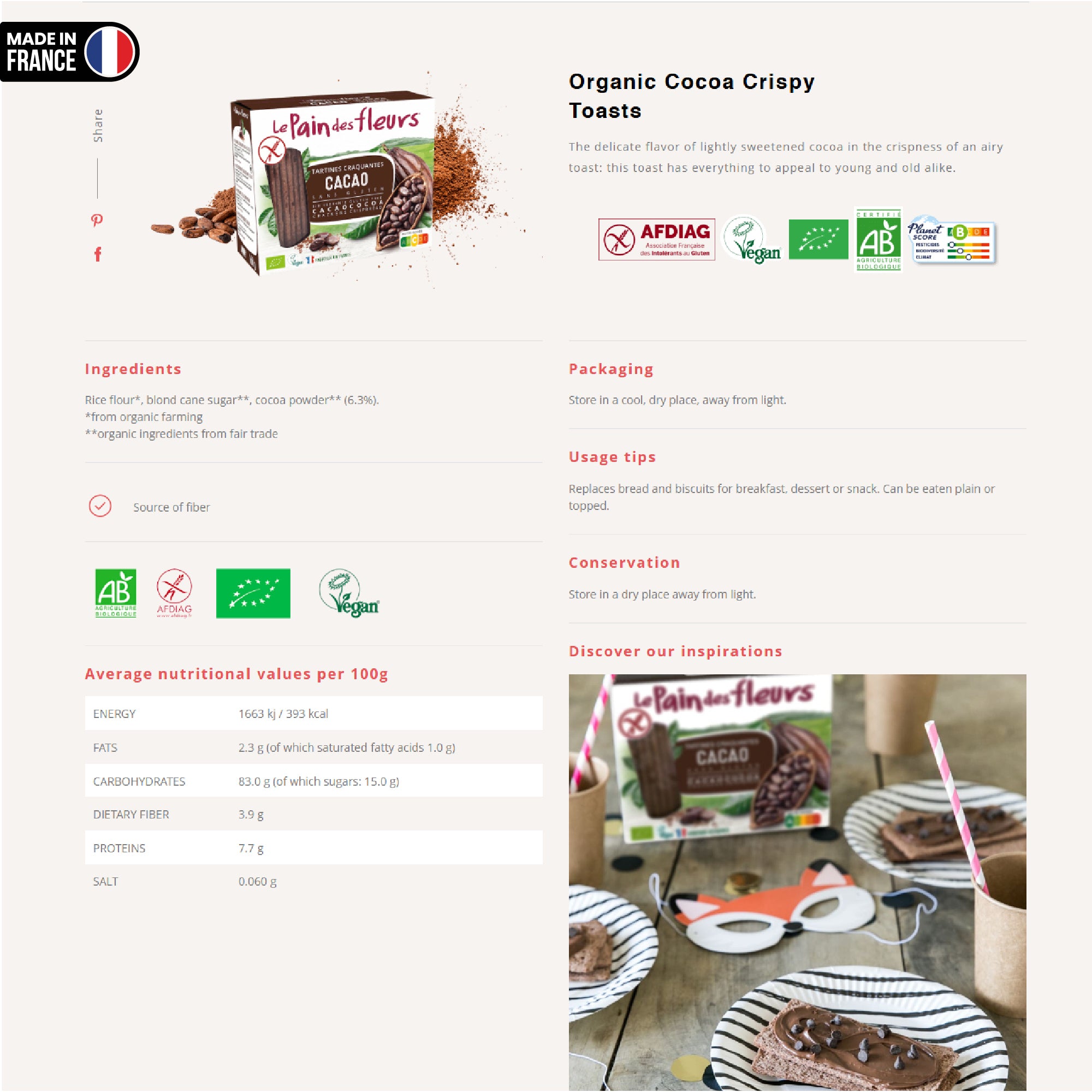 Le Pain Des Fleurs Cocoa Crispbread 160g