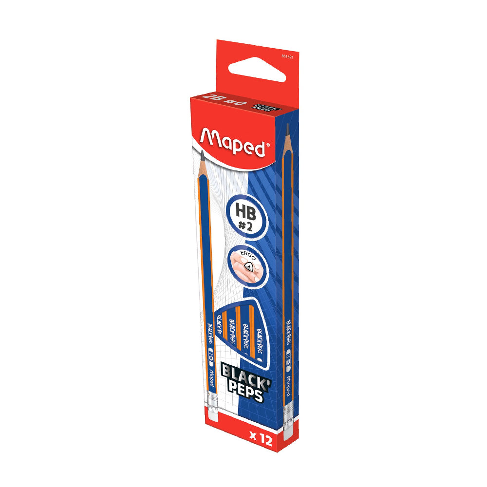 Maped Black Peps HB 2 Pencil With Eraser 12s