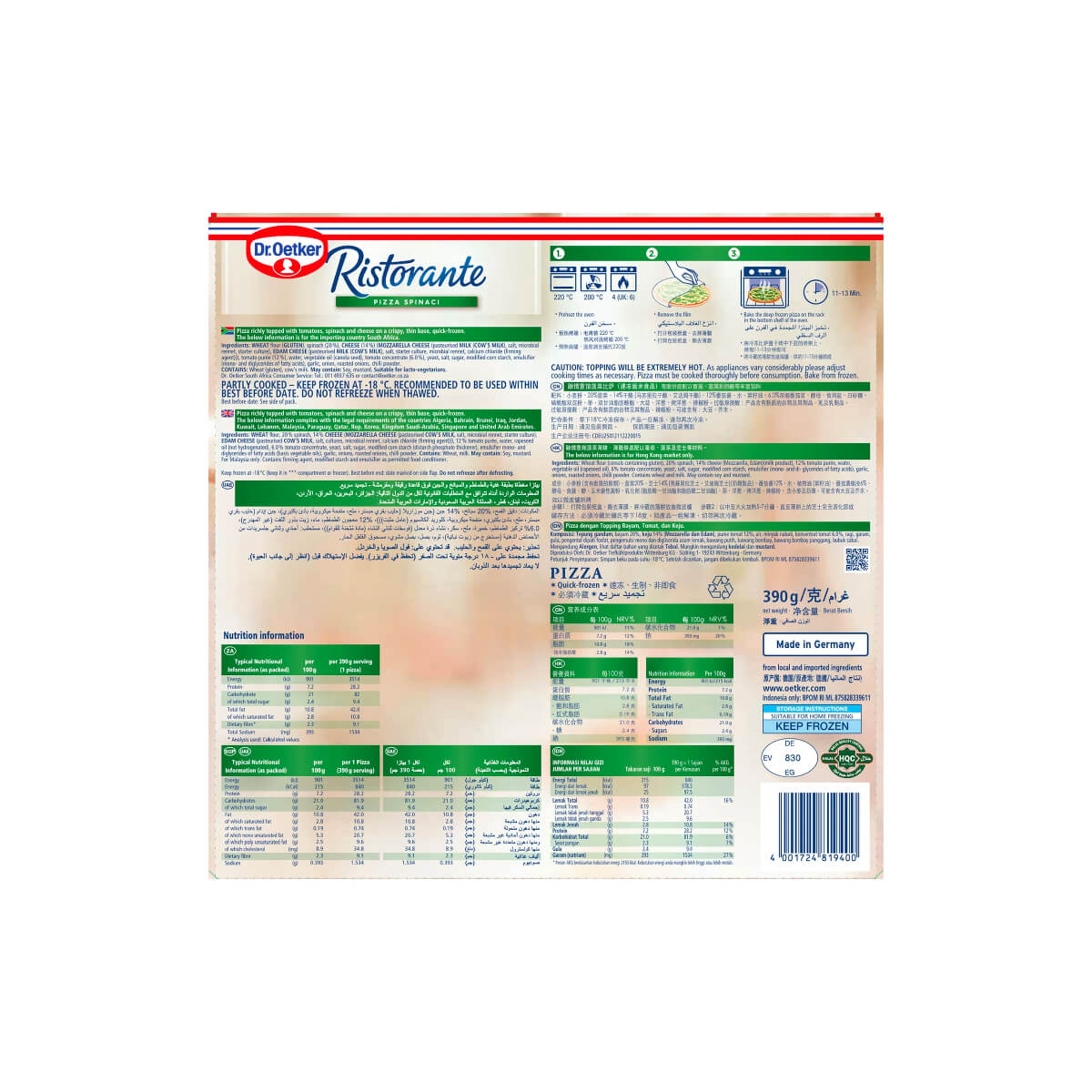 Dr.Oetker Ristorante Spinach Thin & Crispy Pizza 390g