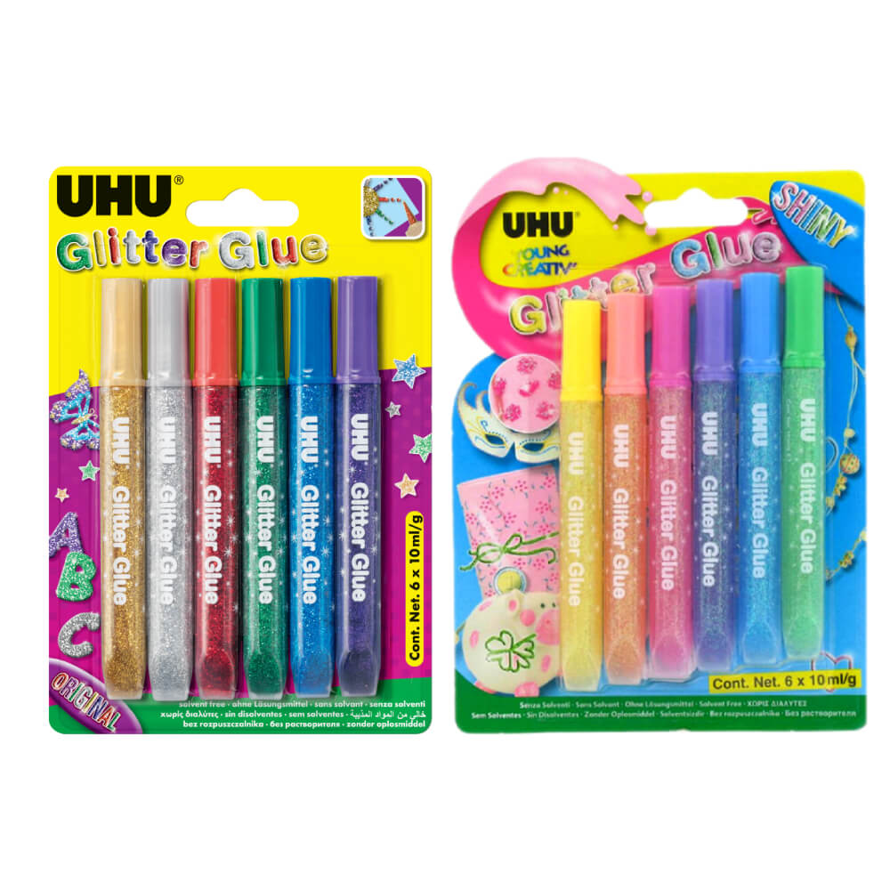 UHU Glitter Glue Original + Shiny 6x10Ml