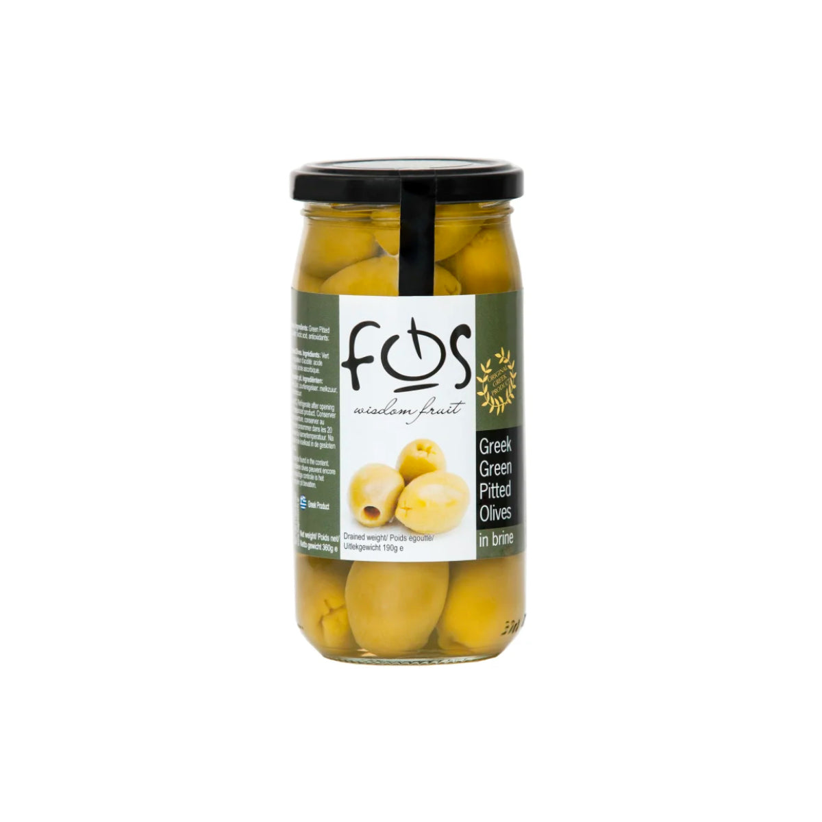 Fos Greek Green Pitted Olives In Brine Without Stone 360g
