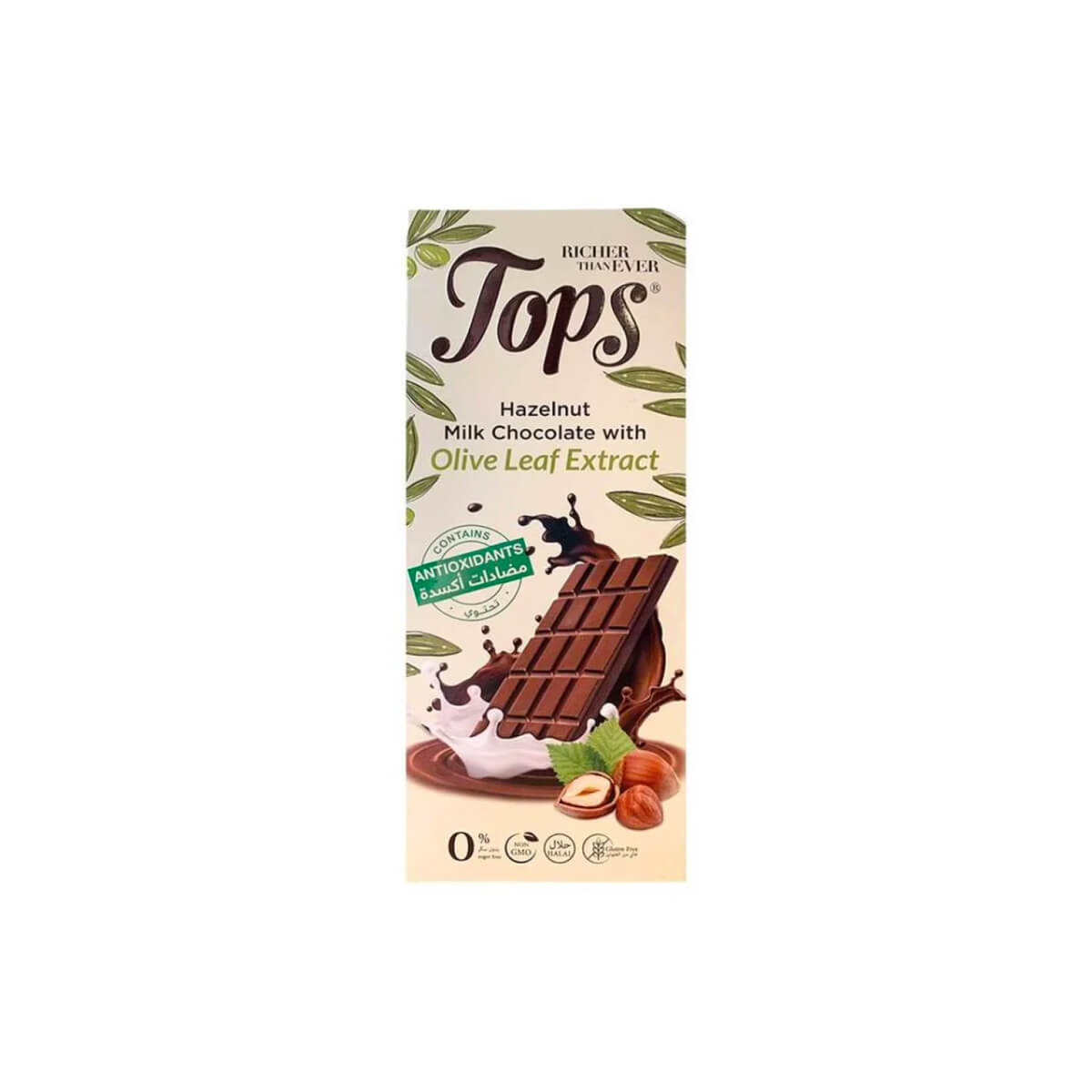 Tops Antioxidants Hazelnut Milk Chocolate With Olive Leaf Extract Sugar Free 50g