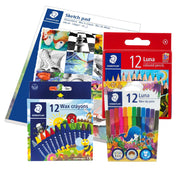 Staedtler Luna Fiber Tip Pens 12s + Jumbo Wax Crayons 12s + Coloured Pencils 12s + Drawing Book