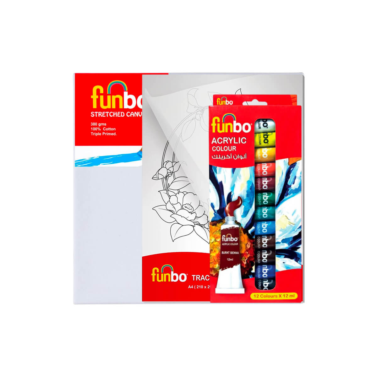 Funbo Acrylic Colour 12x12ml + A4 Tracing Pad + Stretched Canvas 30cm x 30cm