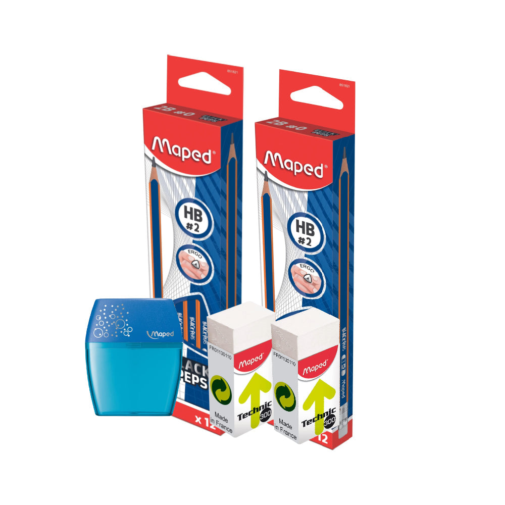 Maped Black Peps 2HB 2 Pencil Box +  Sharpener + 2 Eraser