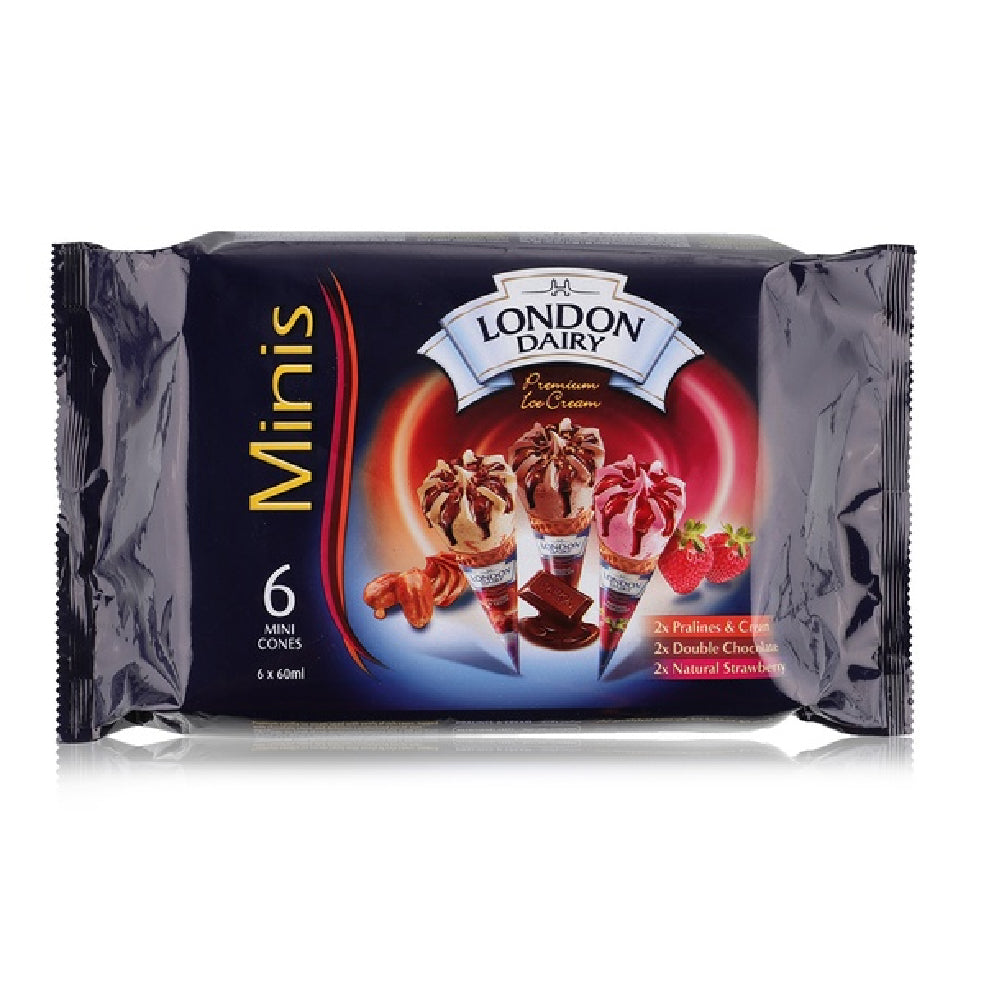 London Dairy Mini Cone Ice Creams 6x60ml 2xPralines & Cream + 2xDouble Chocolate + 2xNatural Strawberry