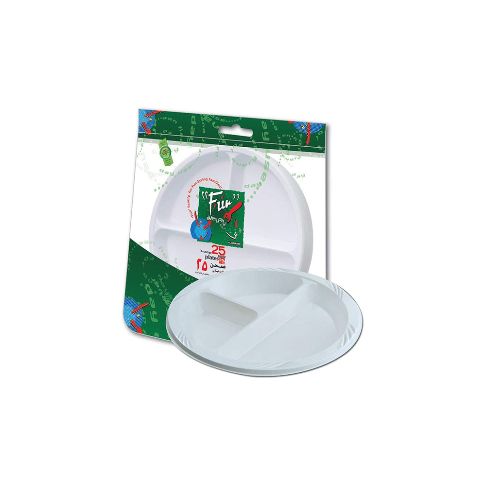 Fun 3 Compartment Plastic Plate White 26cm 25pcs