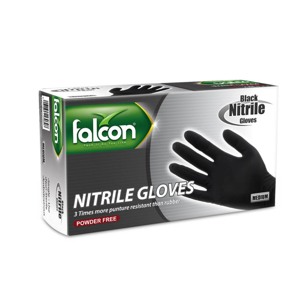 Falcon Nitrile Gloves Black Powder Free Medium 100s