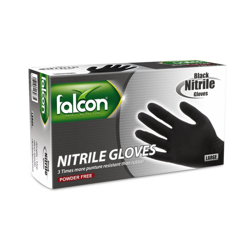Falcon Nitrile Gloves Black Powder Free Large 100s