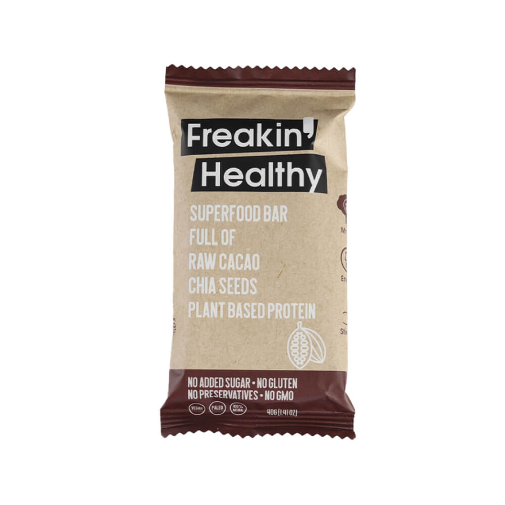 Freakin Healthy Raw Cacao Chia Seeds on A Hazelnut Biscuit layer Bar 40gm