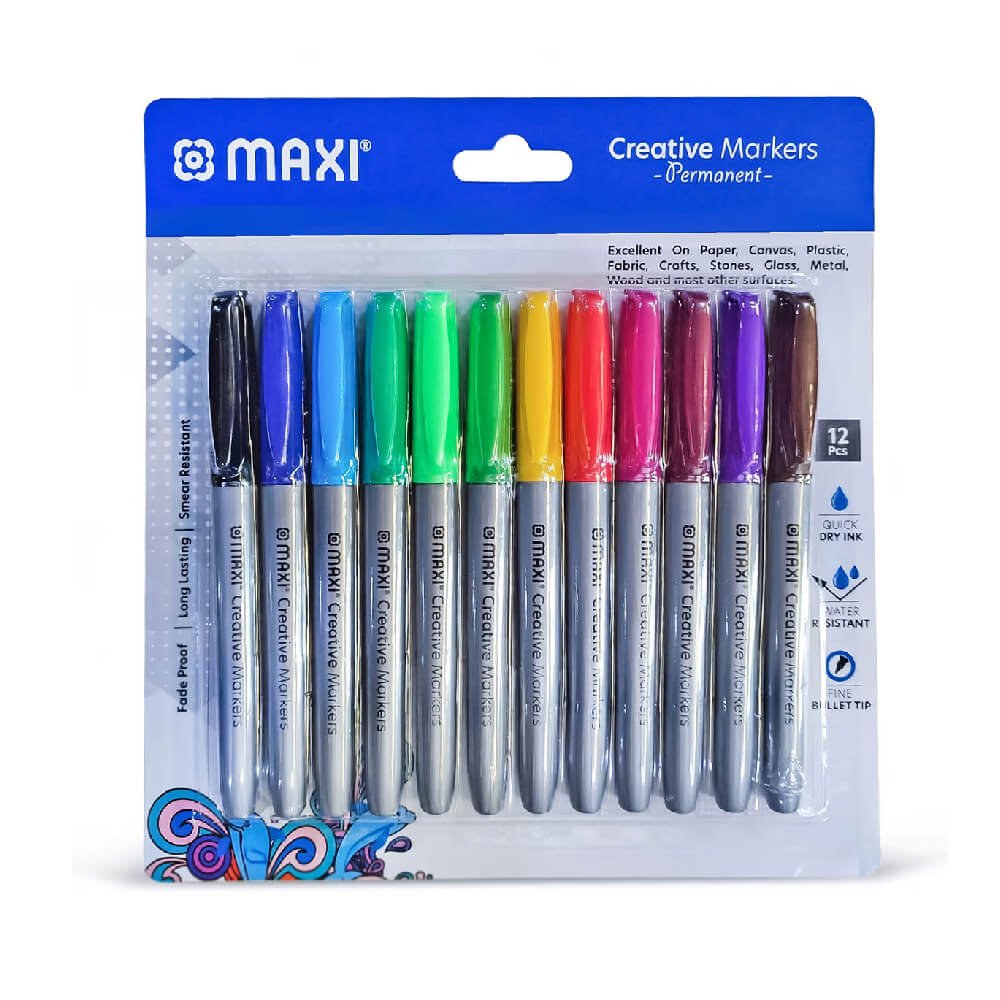 Maxi Creative Permanent Marker Bullet Slim Blister Of 12Pcs Assorted Colours