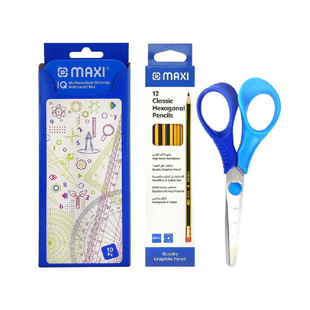Maxi Geometry Set + Graphite HB Pencil 12Pcs + Child Safe Scissors