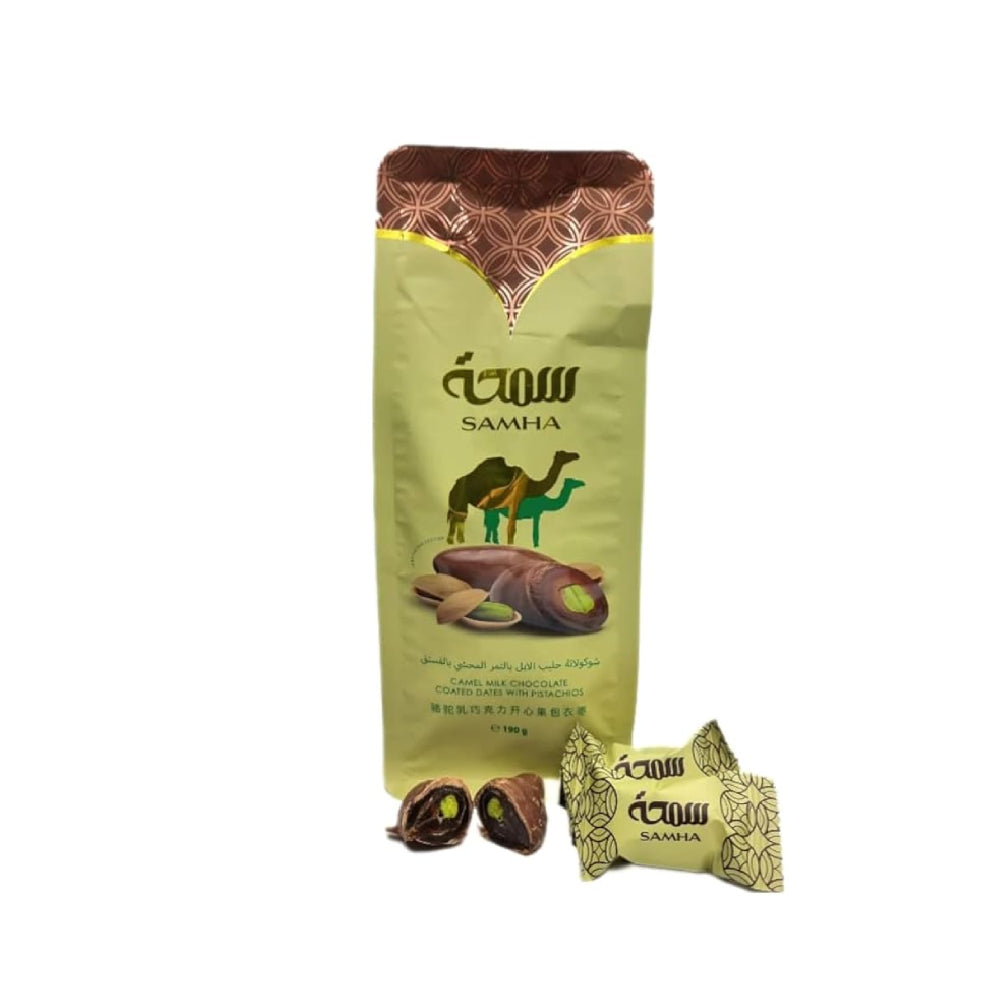 Samha Camel Milk Chocolate Covered Nut Dates Assorted (Dark Chocolate Almonds & Milk Chocolate Pistachio, 190gm