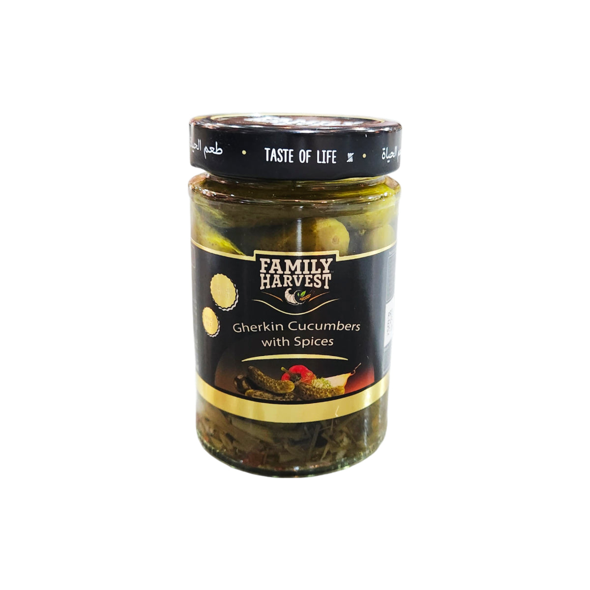 Family Harvest Mini Gherkin Cucumbers With Spices 300g