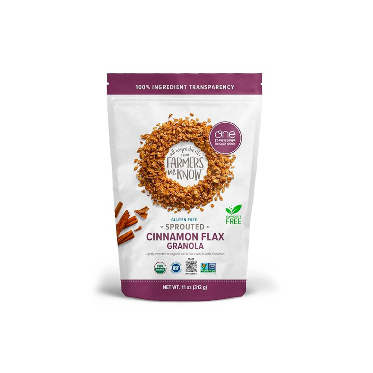 One Degree Organic Foods Sprouted Oat Cinnamon Flax Gluten Free Granola 312g