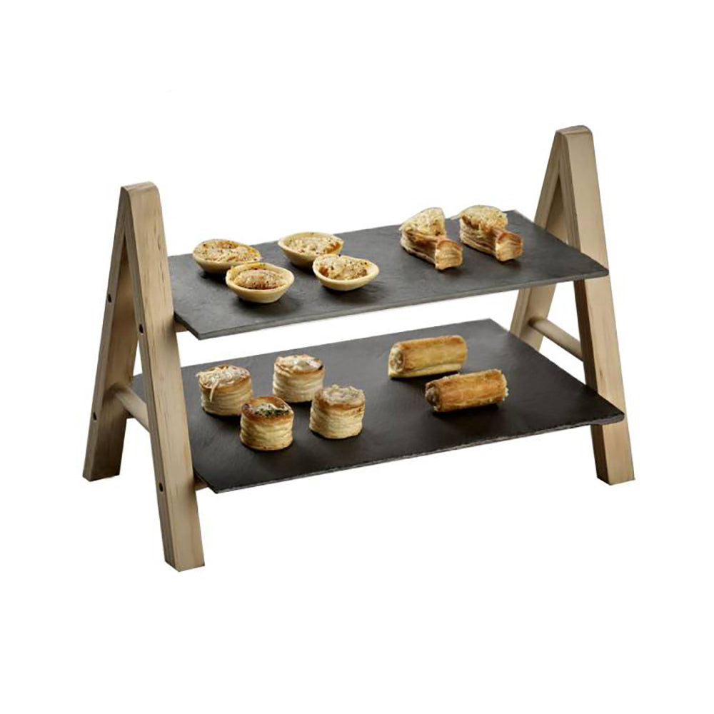 Cuisineart 2 Tier Serving Slate With Wooden Stand Rectangular