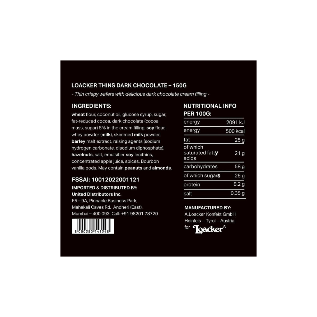 Loacker Thins Dark Chocolate Cream Wafer 150g