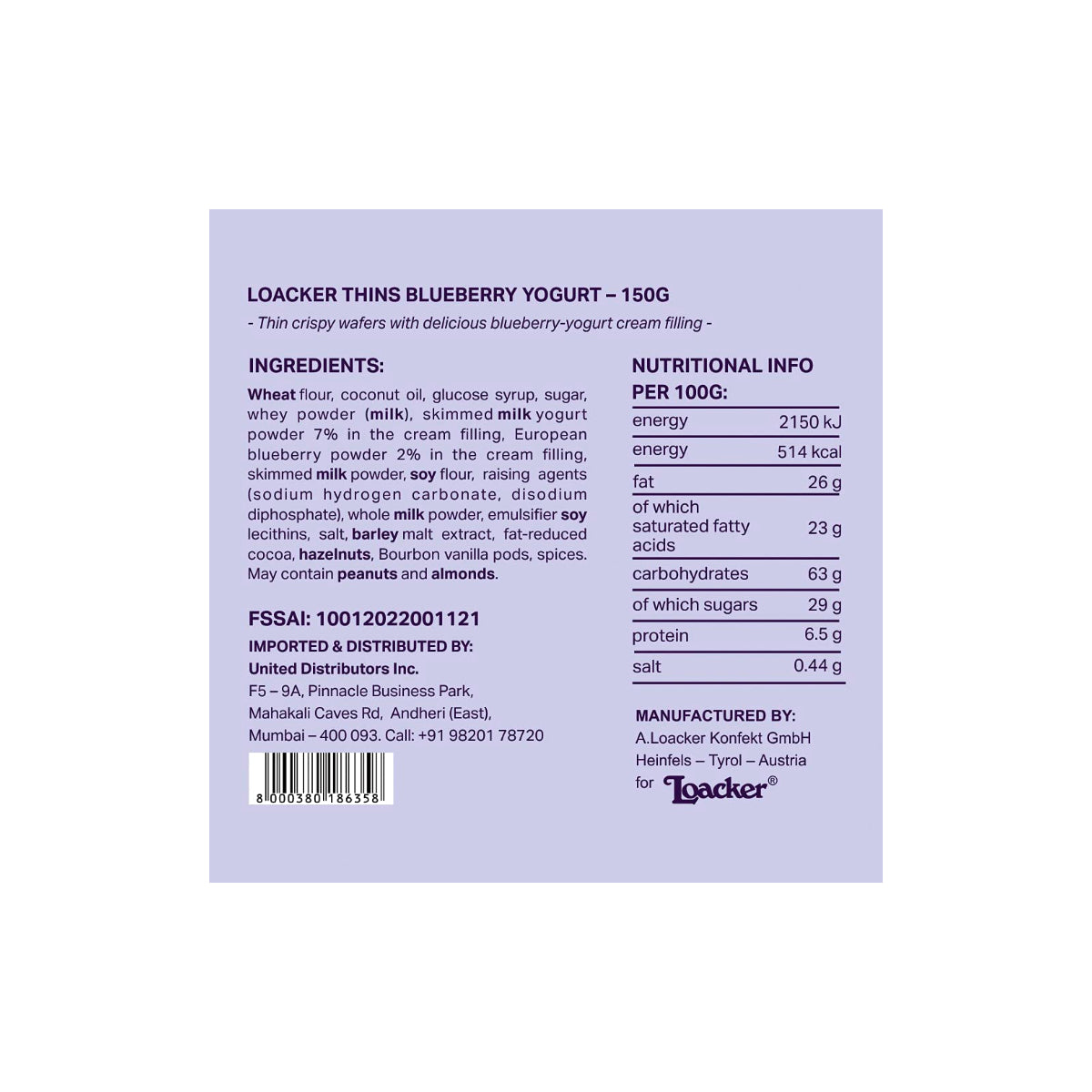Loacker Thins Blueberry Yoghurt Wafer 150g