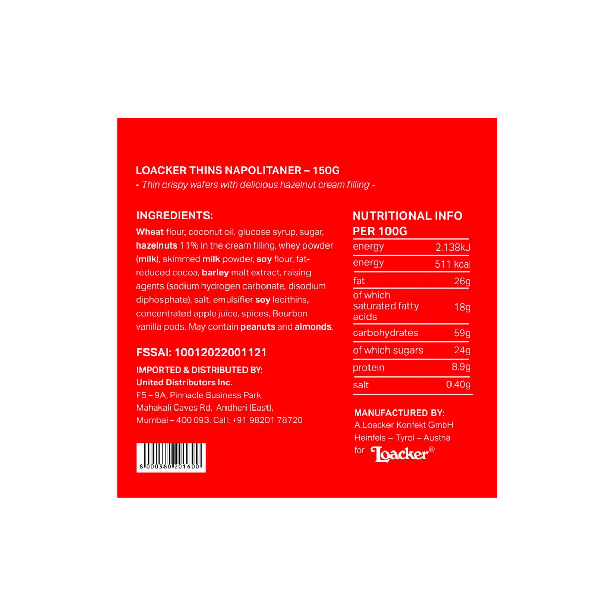 Loacker Thins With Napolitaner Hazelnuts Wafer 150g