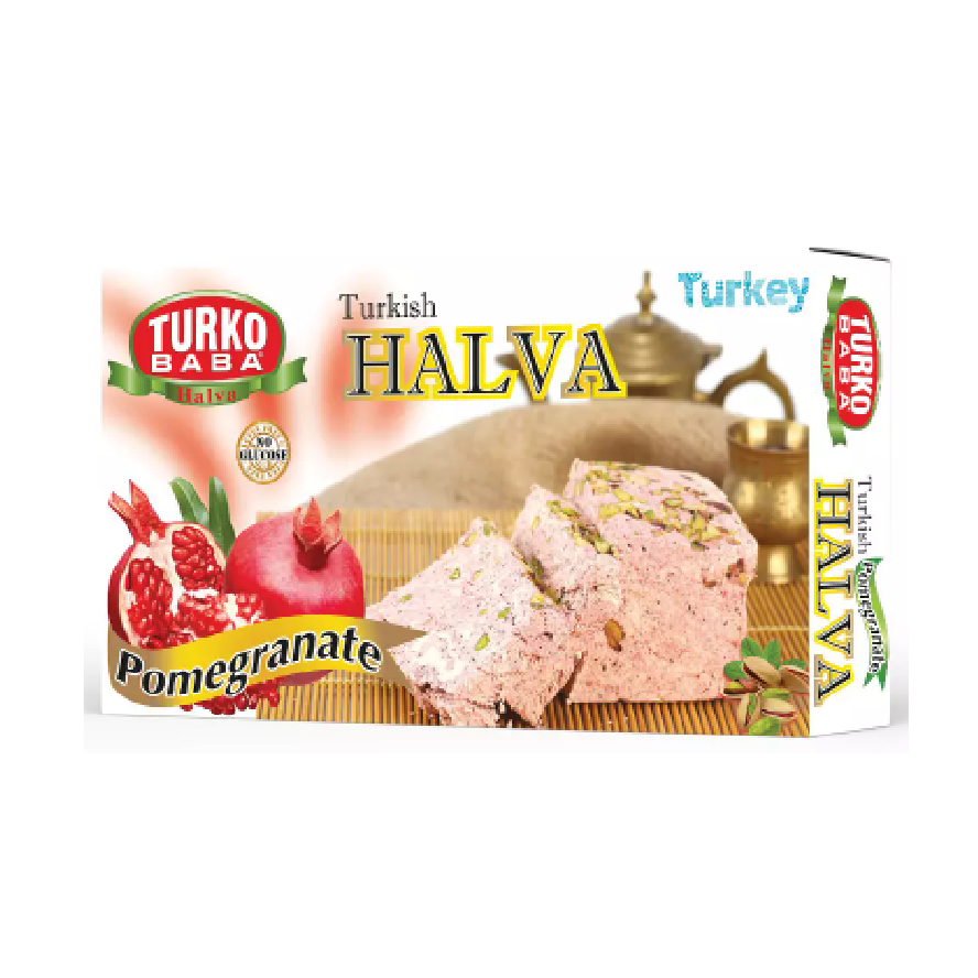 Turkish Turko Baba Pomegranate Flavored Pistachio Halva (Nar Aromali Antep Fistikli Tahin Helvasi) 400gm